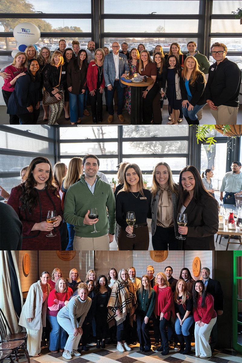 Thomas Edwards Group employees woman in pink shirt writing as co workers talk in background